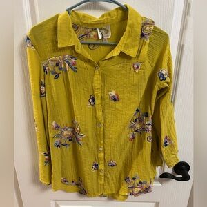 Fig and Flower Mustard Embroidered Button Down Shirt